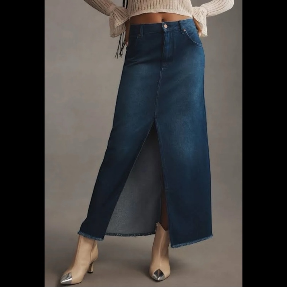 Anthropologie Pilcro‎ The Madi Front Slit Dark Blue Denim Maxi Skirt Raw Hem